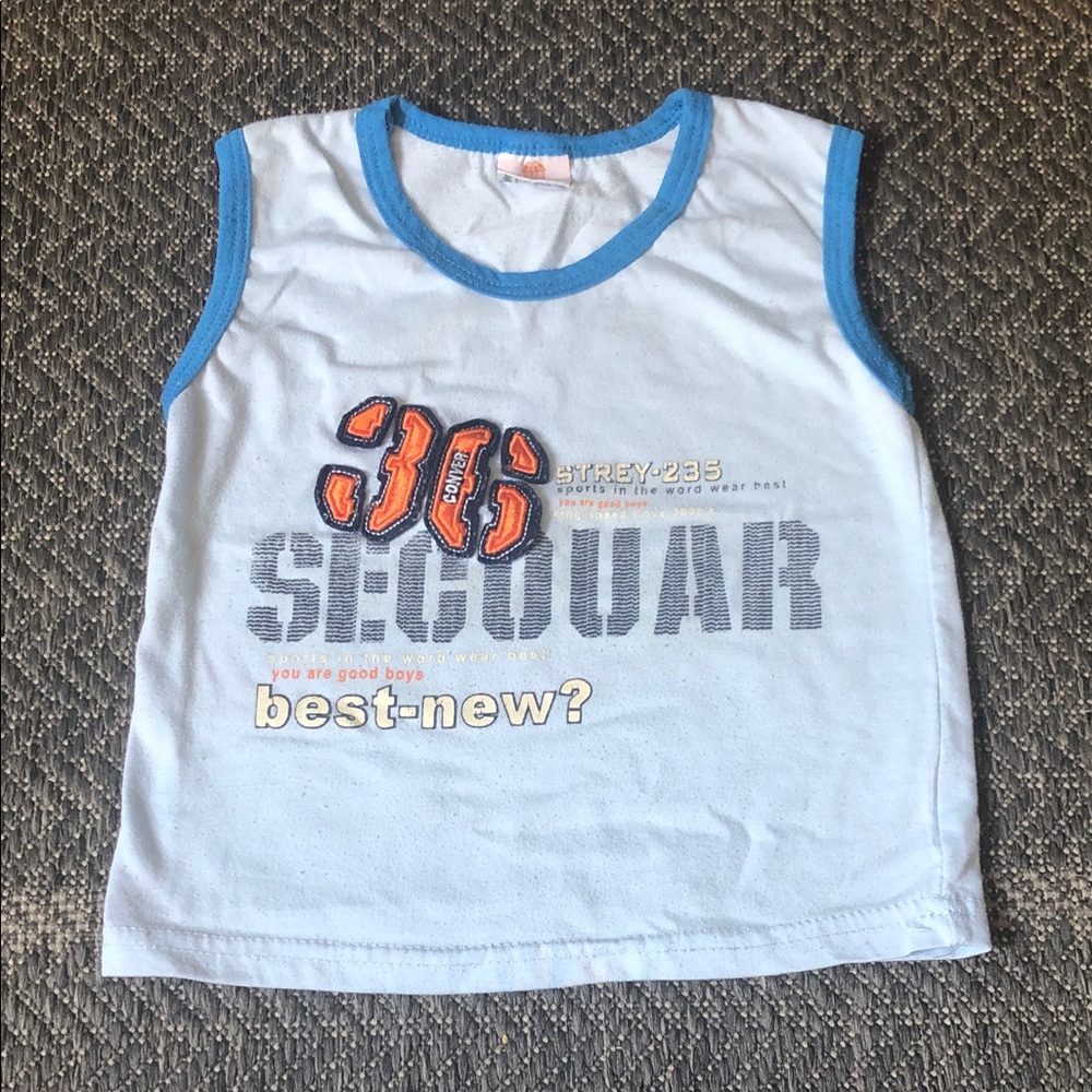 Light Blue Tank Top with Blue Trim and Orange Graphic
